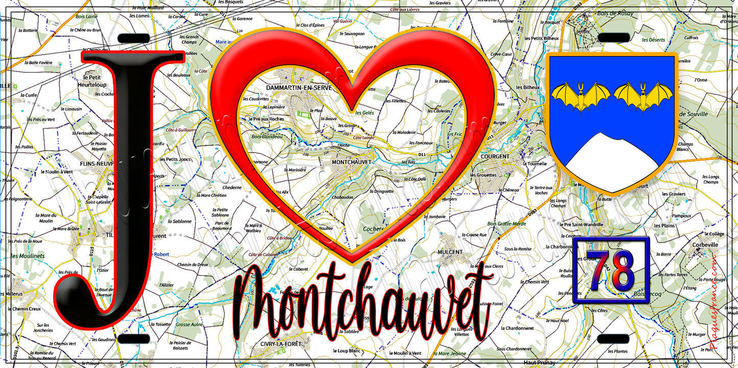 Plaque métal décorative  J' ❤️ Montchauvet, Yvelines (78) fond crte
