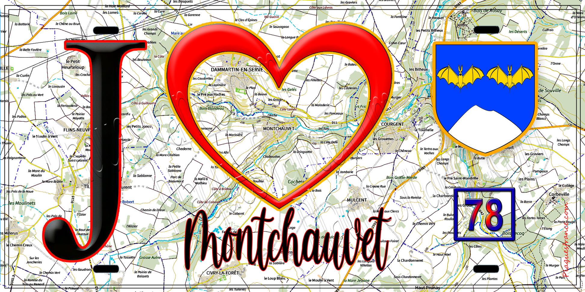 Plaque métal décorative  J' ❤️ Montchauvet, Yvelines (78) fond crte