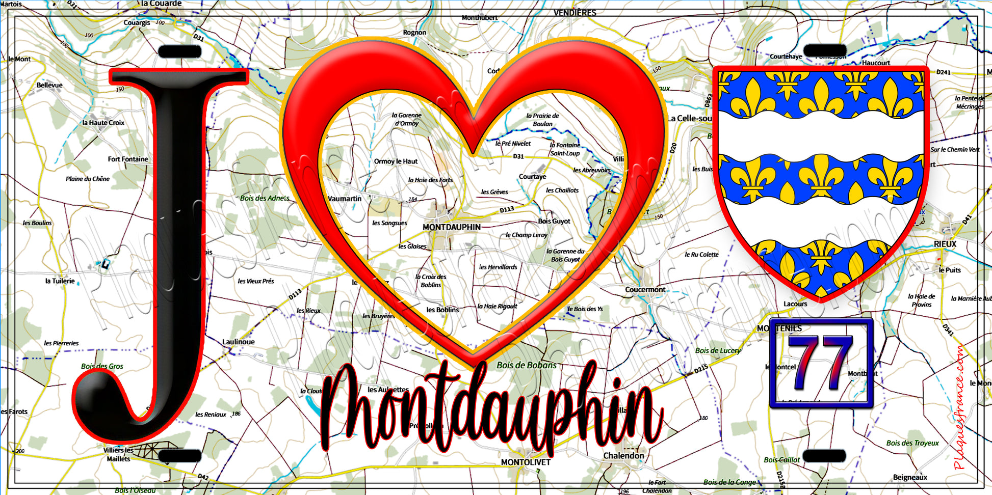 Plaque métal décorative  J' ❤️Montdauphin, Seine et Marne (77) fond carte
