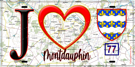 Plaque métal décorative  J' ❤️Montdauphin, Seine et Marne (77) fond carte