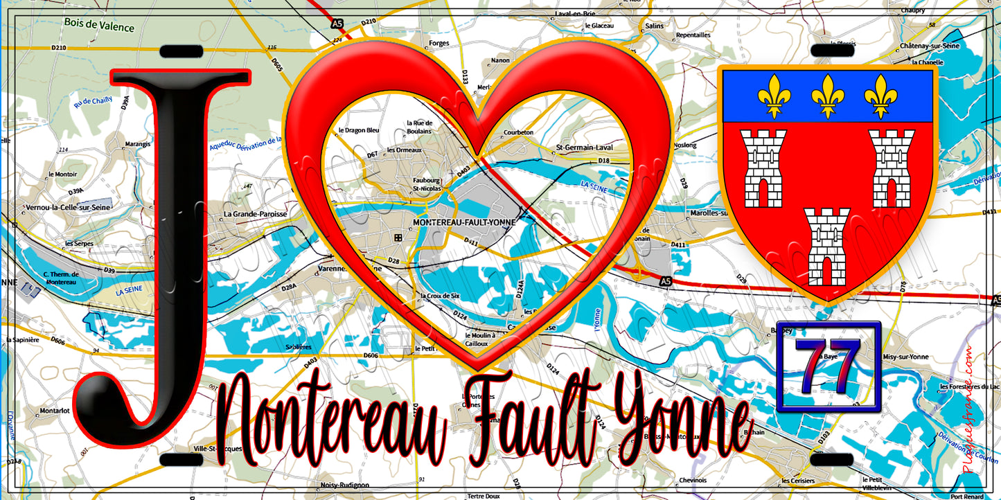 Plaque métal décorative  J' ❤️Montereau-Fault-Yonne, Seine et Marne (77) fond carte