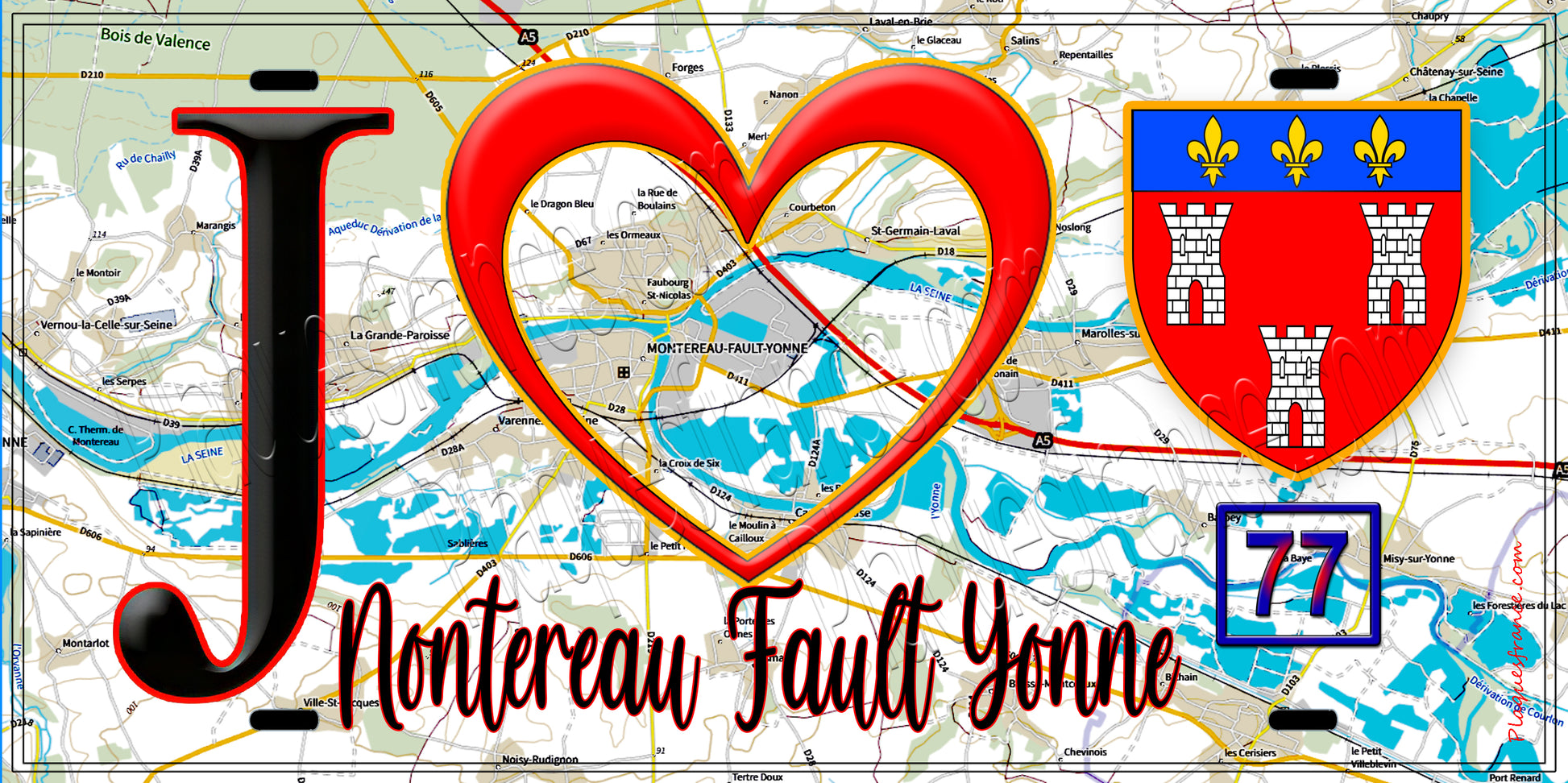 Plaque métal décorative  J' ❤️Montereau-Fault-Yonne, Seine et Marne (77) fond carte