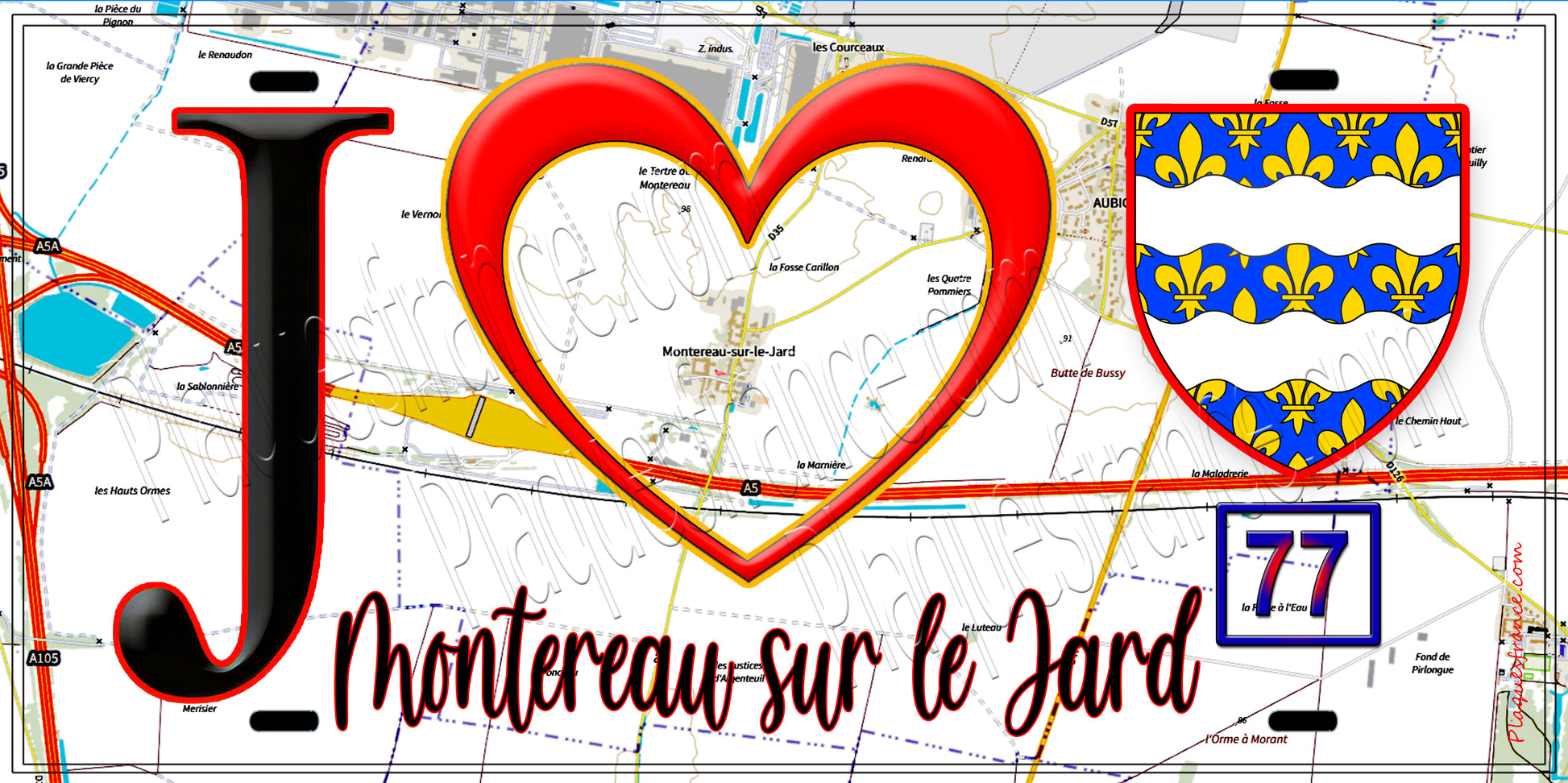 Plaque métal décorative  J' ❤️Montereau-sur-le-Jard, Seine et Marne (77) fond carte