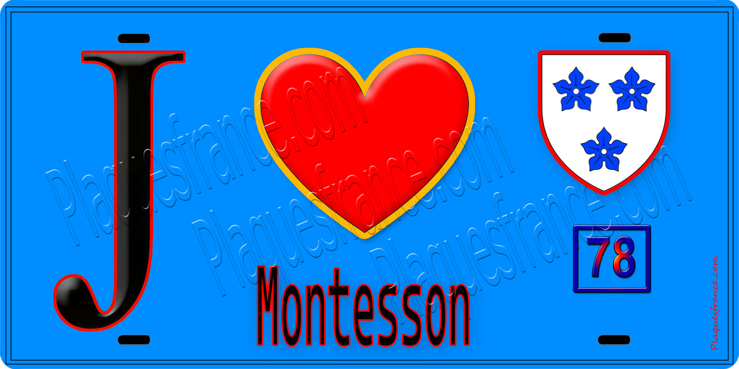 Plaque métal décorative  J' ❤️ Montesson, Yvelines (78) fond bleu
