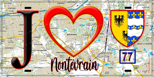 Plaque métal décorative  J' ❤️Montévrain, Seine et Marne (77) fond carte
