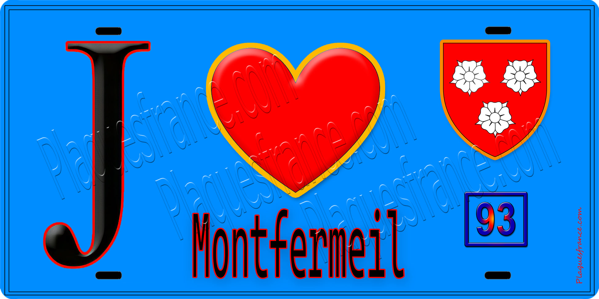 Plaque métal décorative  J' ❤️Montfermeil, Seine Saint Denis (93) fond bleu
