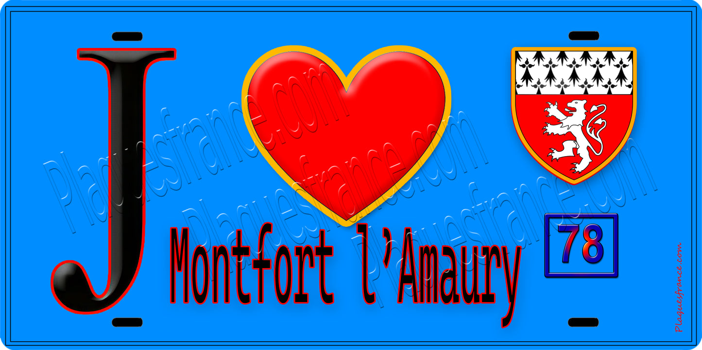 Plaque métal décorative  J' ❤️ Montfort-l'Amaury, Yvelines (78) fond bleu