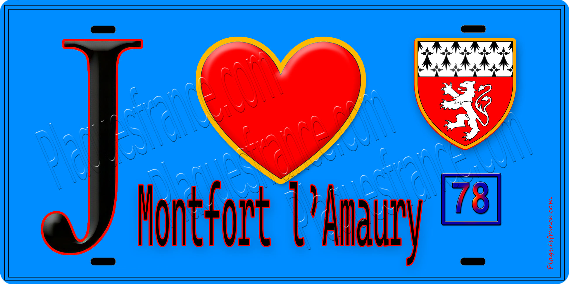 Plaque métal décorative  J' ❤️ Montfort-l'Amaury, Yvelines (78) fond bleu