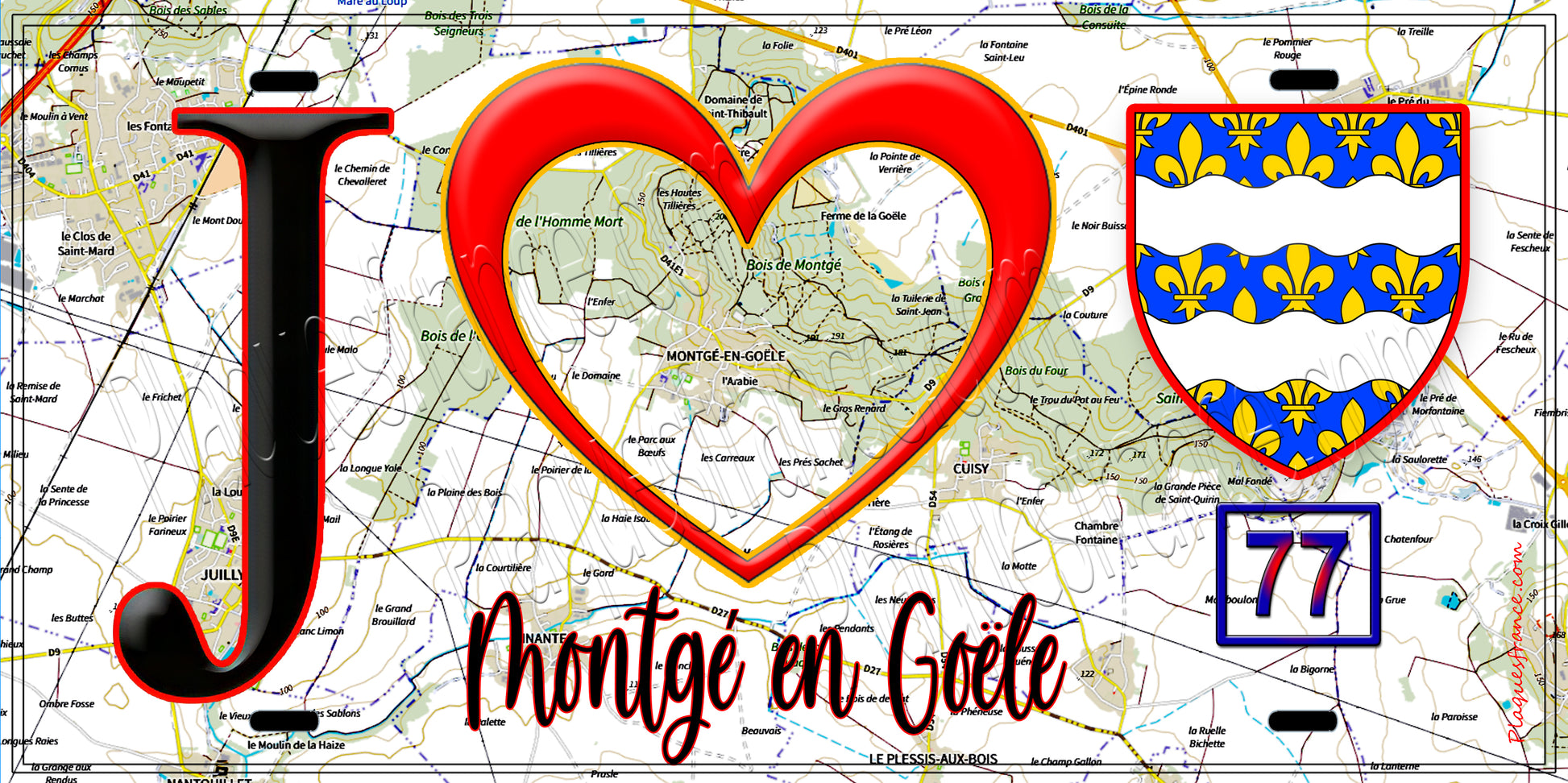 Plaque métal décorative  J' ❤️Montgé-en-Goële, Seine et Marne (77) fond carte