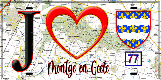 Plaque métal décorative  J' ❤️Montgé-en-Goële, Seine et Marne (77) fond carte