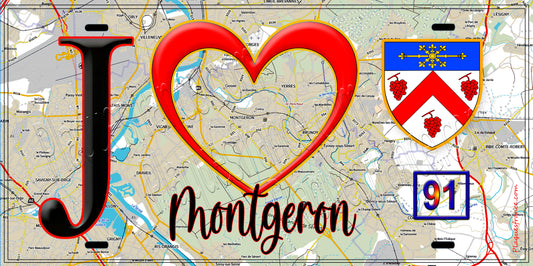 Plaque métal décorative  J' ❤️Montgeron, Essonne (91) fond carte