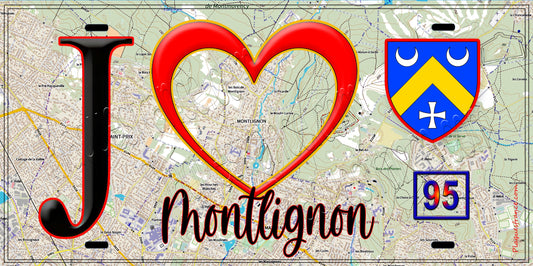Plaque métal décorative  J' ❤️Montlignon, Val d'Oise (95) fond carte
