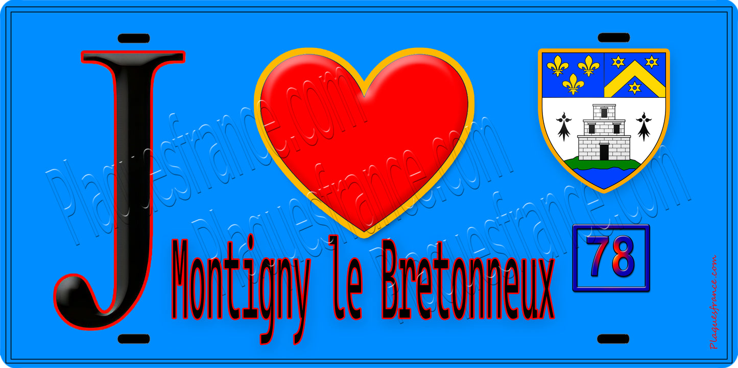 Plaque métal décorative  J' ❤️ Montigny-le-Bretonneux, Yvelines (78) fond beu