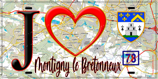 Plaque métal décorative  J' ❤️ Montigny-le-Bretonneux, Yvelines (78) fond carte