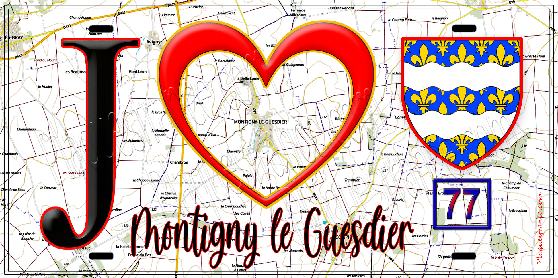 Plaque métal décorative  J' ❤️Montigny-le-Guesdier, Seine et Marne (77) fond carte