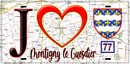 Plaque métal décorative  J' ❤️Montigny-le-Guesdier, Seine et Marne (77) fond carte
