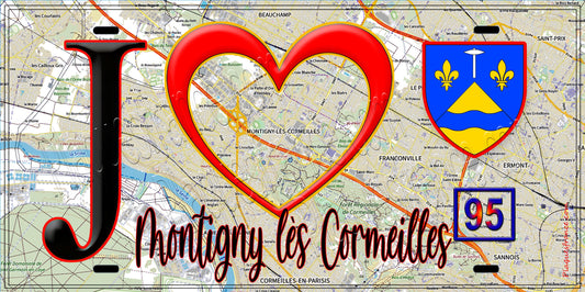 Plaque métal décorative  J' ❤️Montigny-lès-Cormeilles, Val d'Oise (95) fond carte