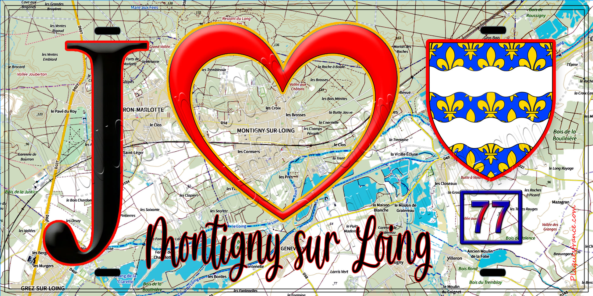 Plaque métal décorative  J' ❤️Montigny-sur-Loing, Seine et Marne (77) fond carte