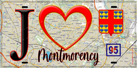 Plaque métal décorative  J' ❤️Montmorency, Val d'Oise (95) fond carte