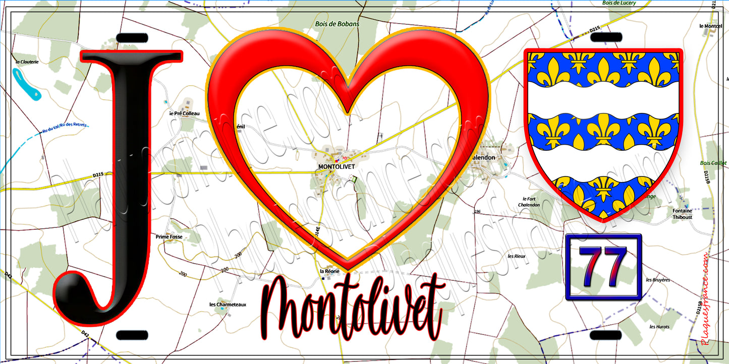 Plaque métal décorative  J' ❤️Montolivet, Seine et Marne (77) fond carte