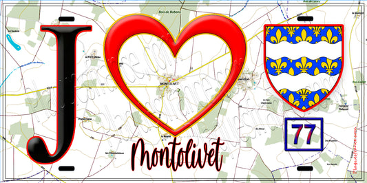 Plaque métal décorative  J' ❤️Montolivet, Seine et Marne (77) fond carte
