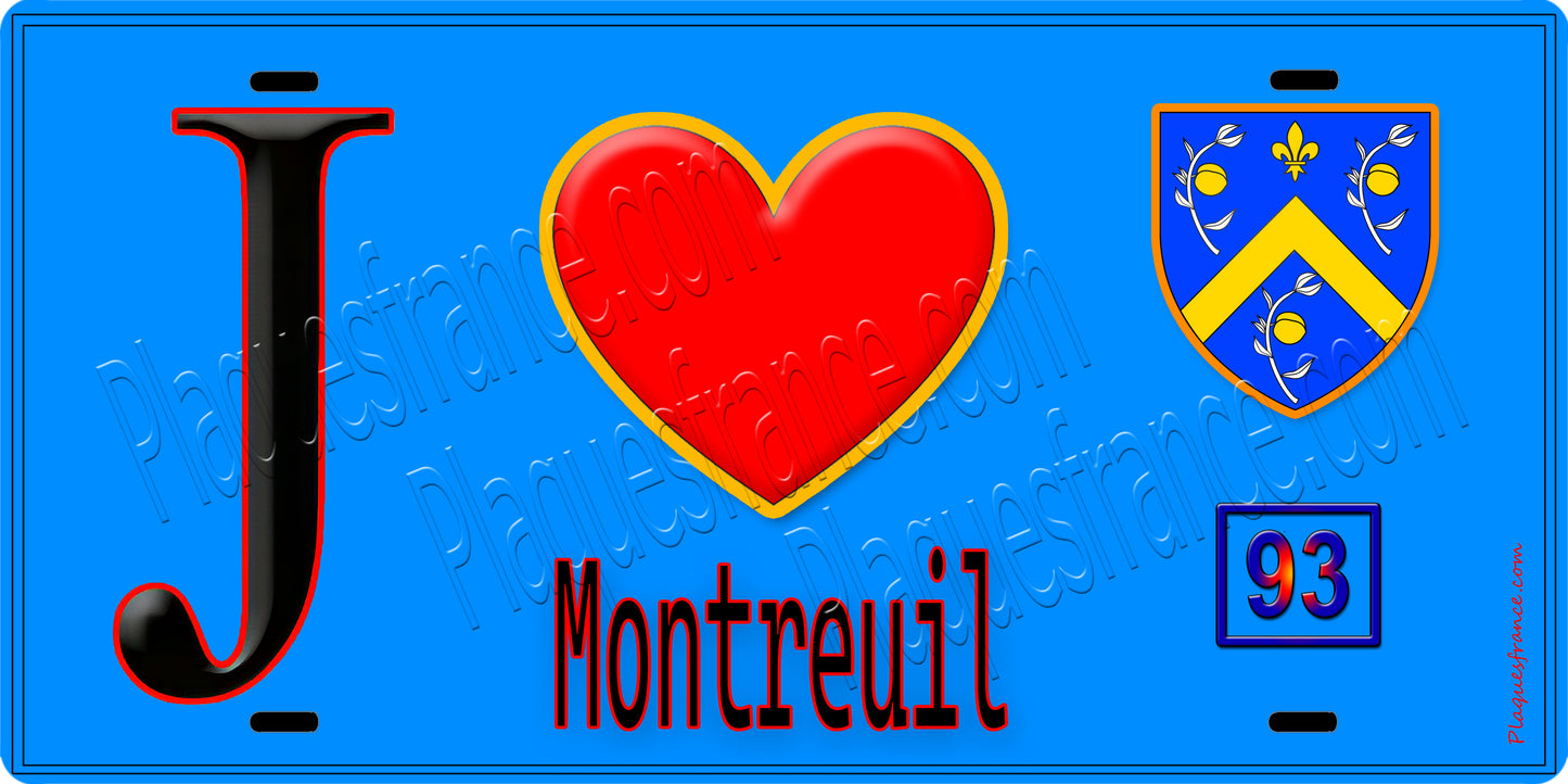 Plaque métal décorative  J' ❤️Montreuil, Seine Saint Denis (93) fond bleu