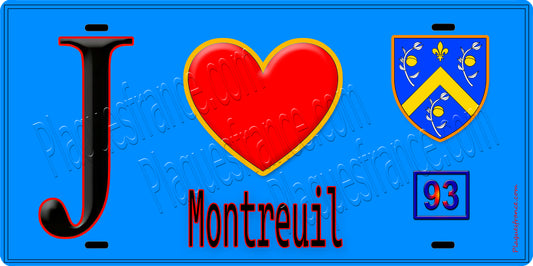 Plaque métal décorative  J' ❤️Montreuil, Seine Saint Denis (93) fond bleu