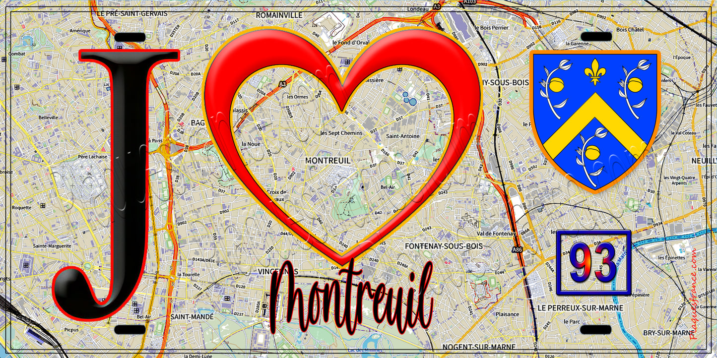 Plaque métal décorative  J' ❤️Montreuil, Seine Saint Denis (93) fond carte