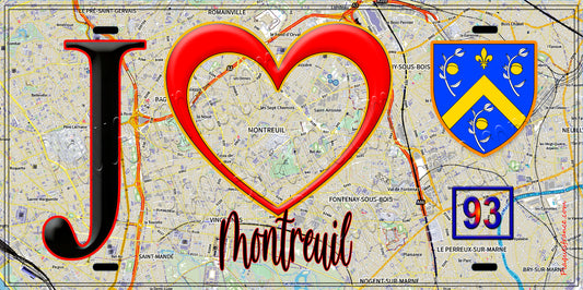 Plaque métal décorative  J' ❤️Montreuil, Seine Saint Denis (93) fond carte