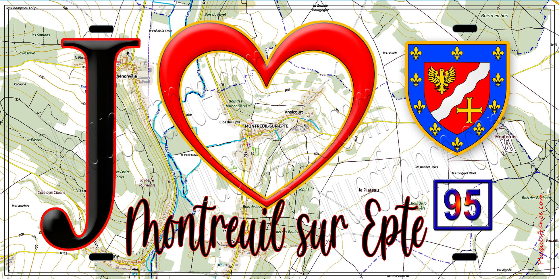 Plaque métal décorative  J' ❤️Montreuil-sur-Epte, Val d'Oise (95) fond carte