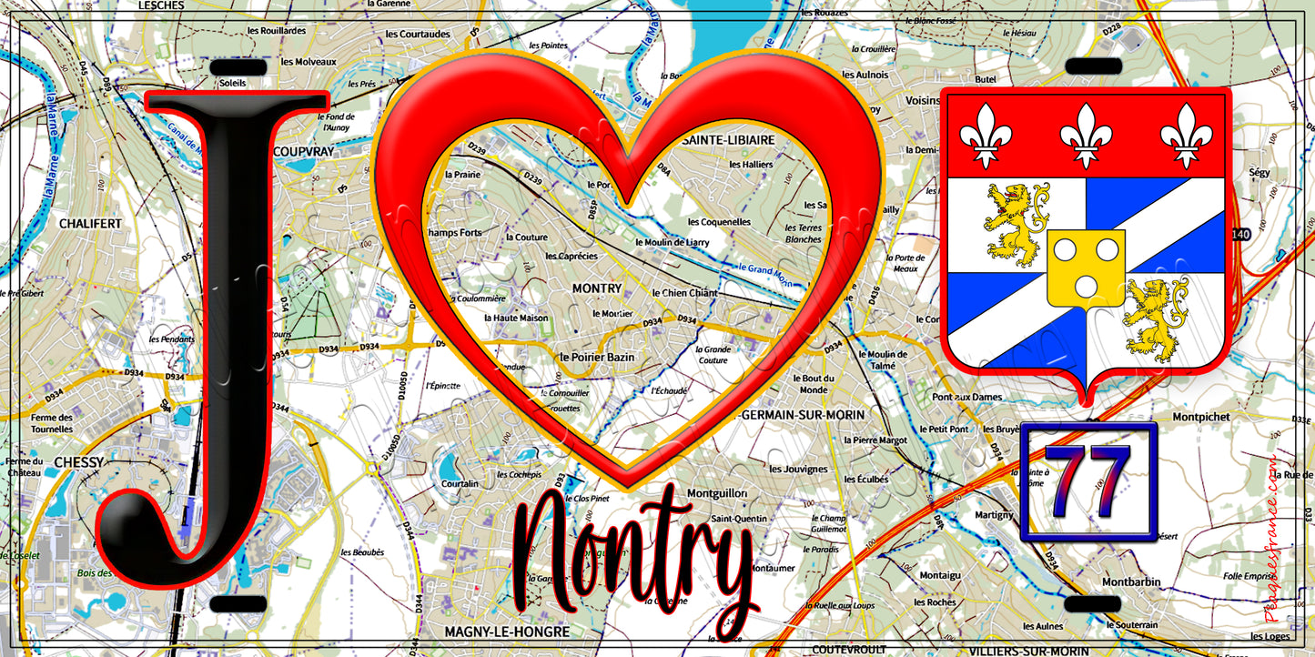 Plaque métal décorative  J' ❤️Montry, Seine et Marne (77) fond carte