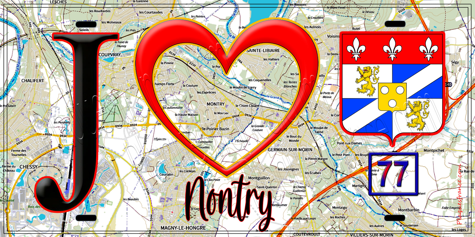 Plaque métal décorative  J' ❤️Montry, Seine et Marne (77) fond carte