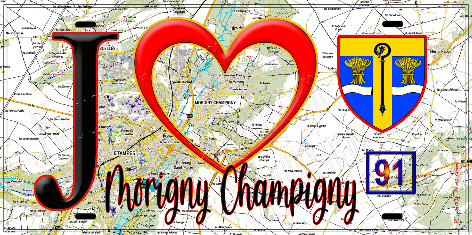 Plaque métal décorative  J' ❤️Morigny-Champigny, Essonne (91) fond carte