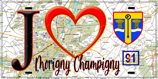 Plaque métal décorative  J' ❤️Morigny-Champigny, Essonne (91) fond carte
