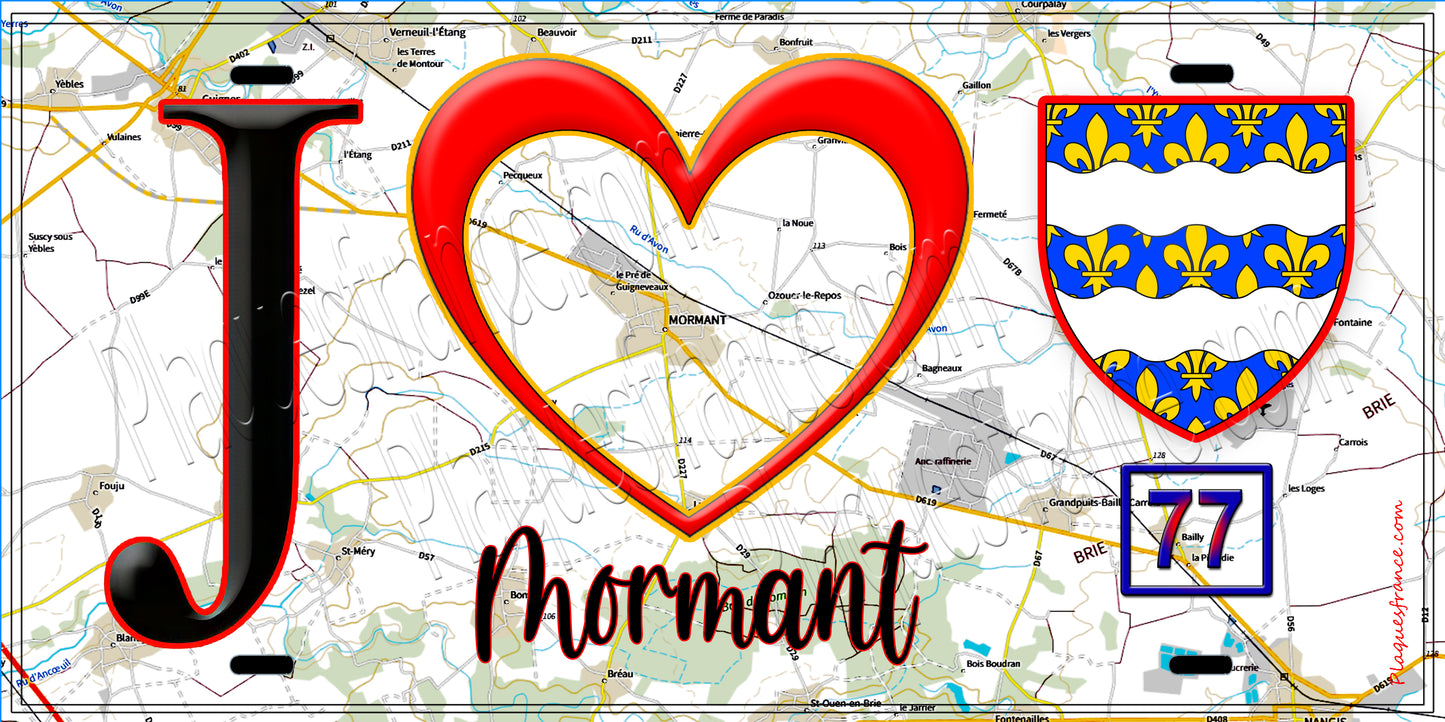Plaque métal décorative  J' ❤️Mormant, Seine et Marne (77) fond carte