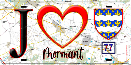 Plaque métal décorative  J' ❤️Mormant, Seine et Marne (77) fond carte