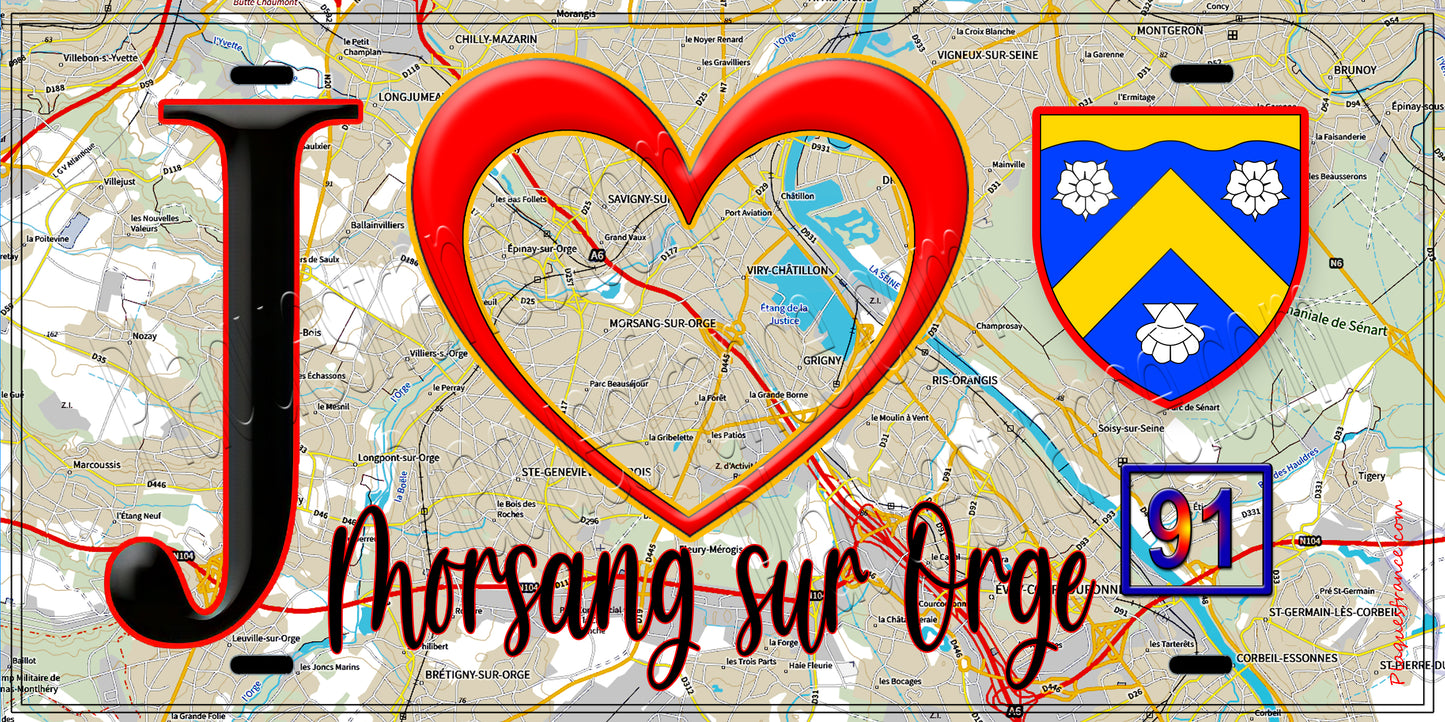 Plaque métal décorative  J' ❤️Morsang-sur-Orge, Essonne (91) fond carte