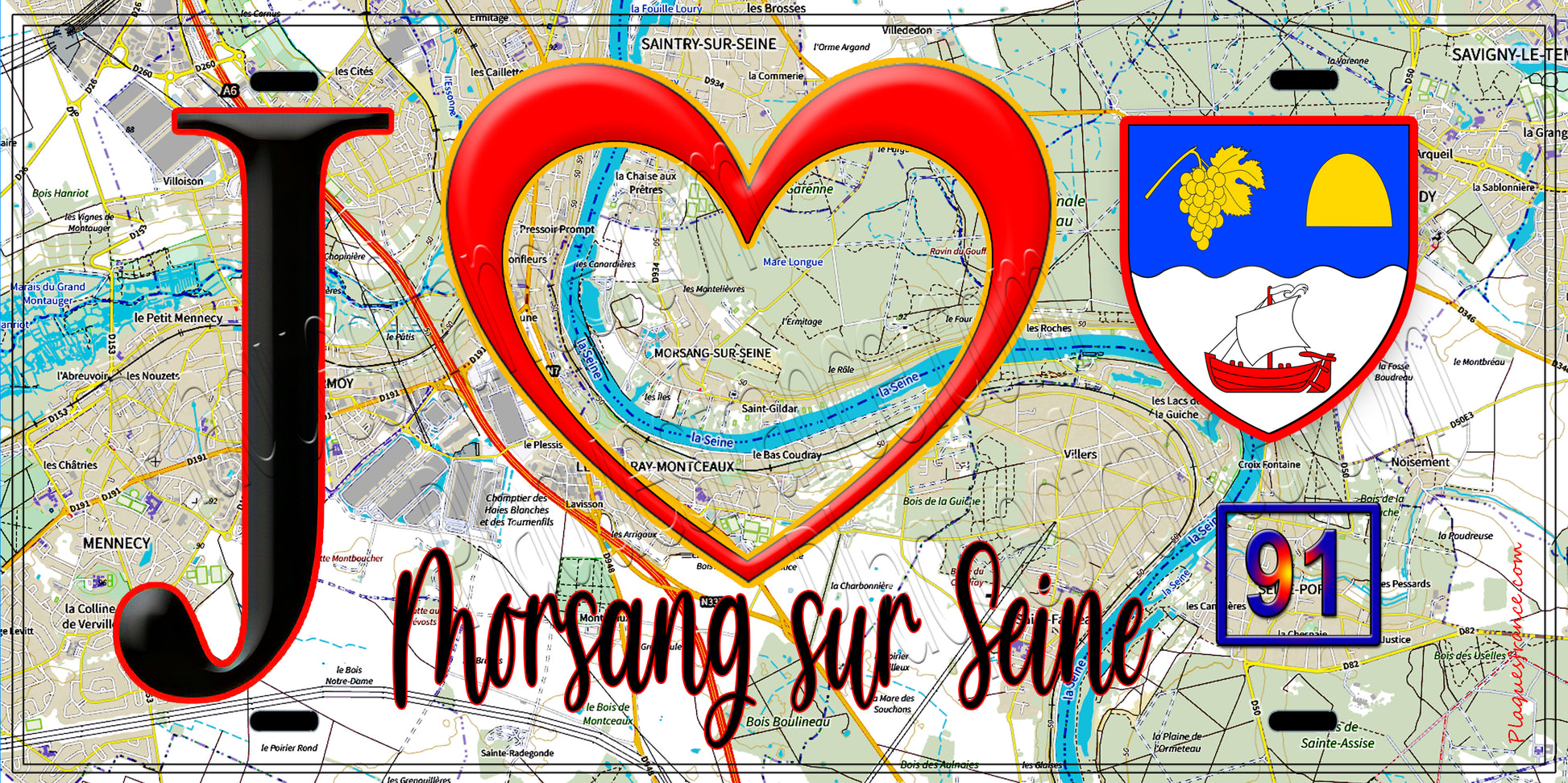 Plaque métal décorative  J' ❤️Morsang-sur-Seine, Essonne (91) fond carte