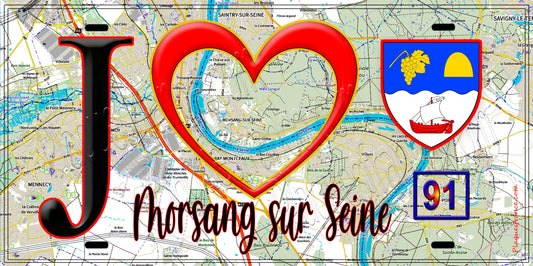 Plaque métal décorative  J' ❤️Morsang-sur-Seine, Essonne (91) fond carte