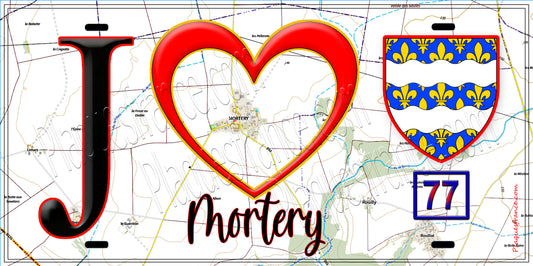 Plaque métal décorative  J' ❤️Mortery, Seine et Marne (77) fond carte