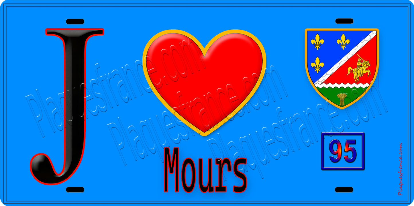 Plaque métal décorative  J' ❤️Mours, Val d'Oise (95) fond bleu