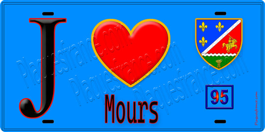 Plaque métal décorative  J' ❤️Mours, Val d'Oise (95) fond bleu