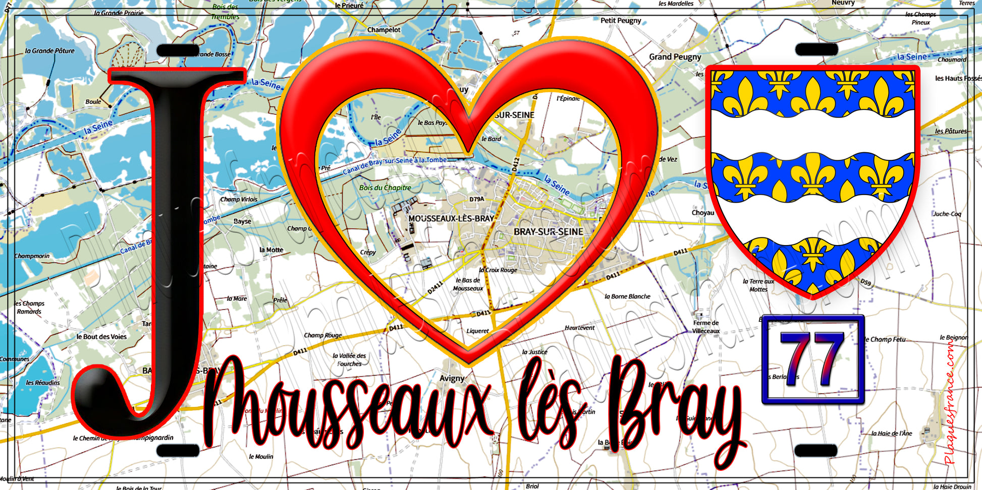 Plaque métal décorative  J' ❤️Mousseaux-lès-Bray, Seine et Marne (77) fond carte