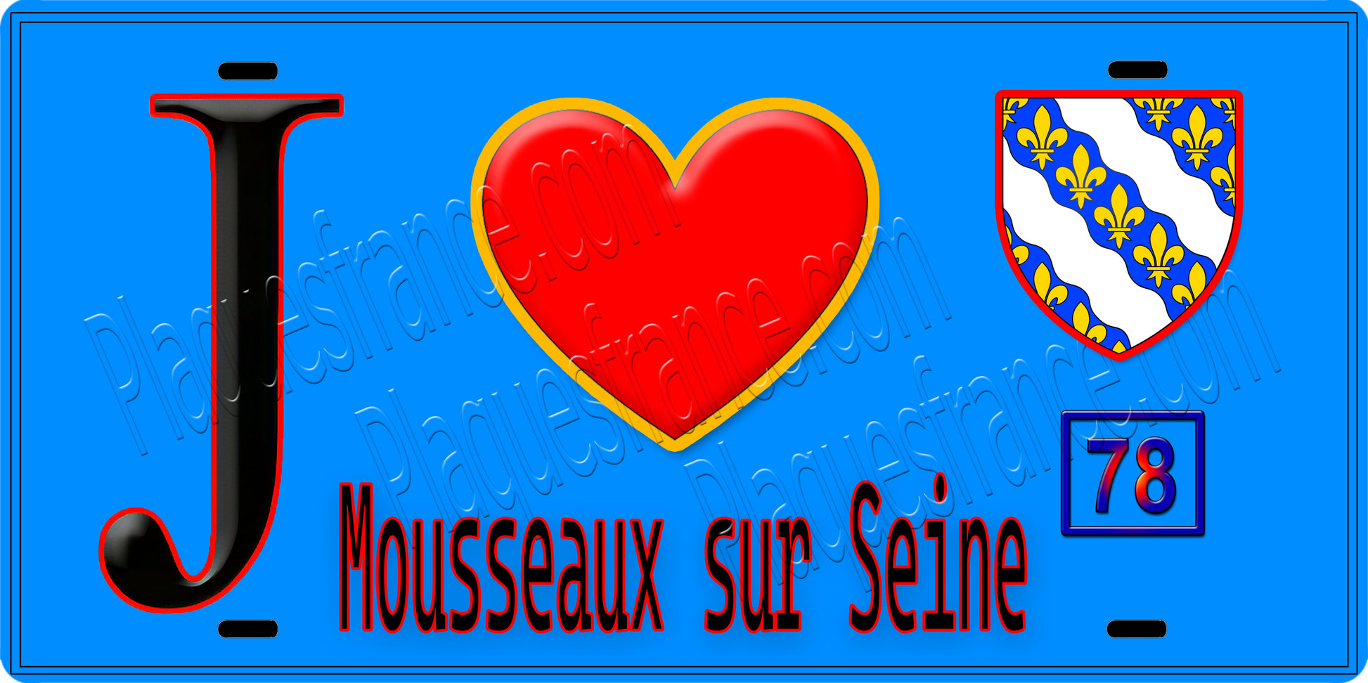 Plaque métal décorative  J' ❤️ Mousseaux-sur-Seine, Yvelines (78) fond bleu
