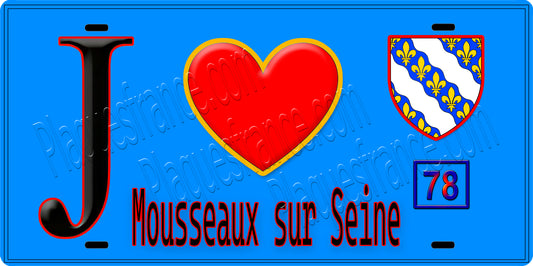 Plaque métal décorative  J' ❤️ Mousseaux-sur-Seine, Yvelines (78) fond bleu