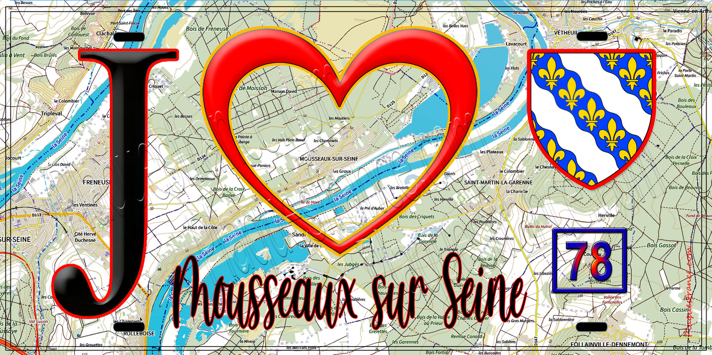 Plaque métal décorative  J' ❤️ Mousseaux-sur-Seine, Yvelines (78) fond carte