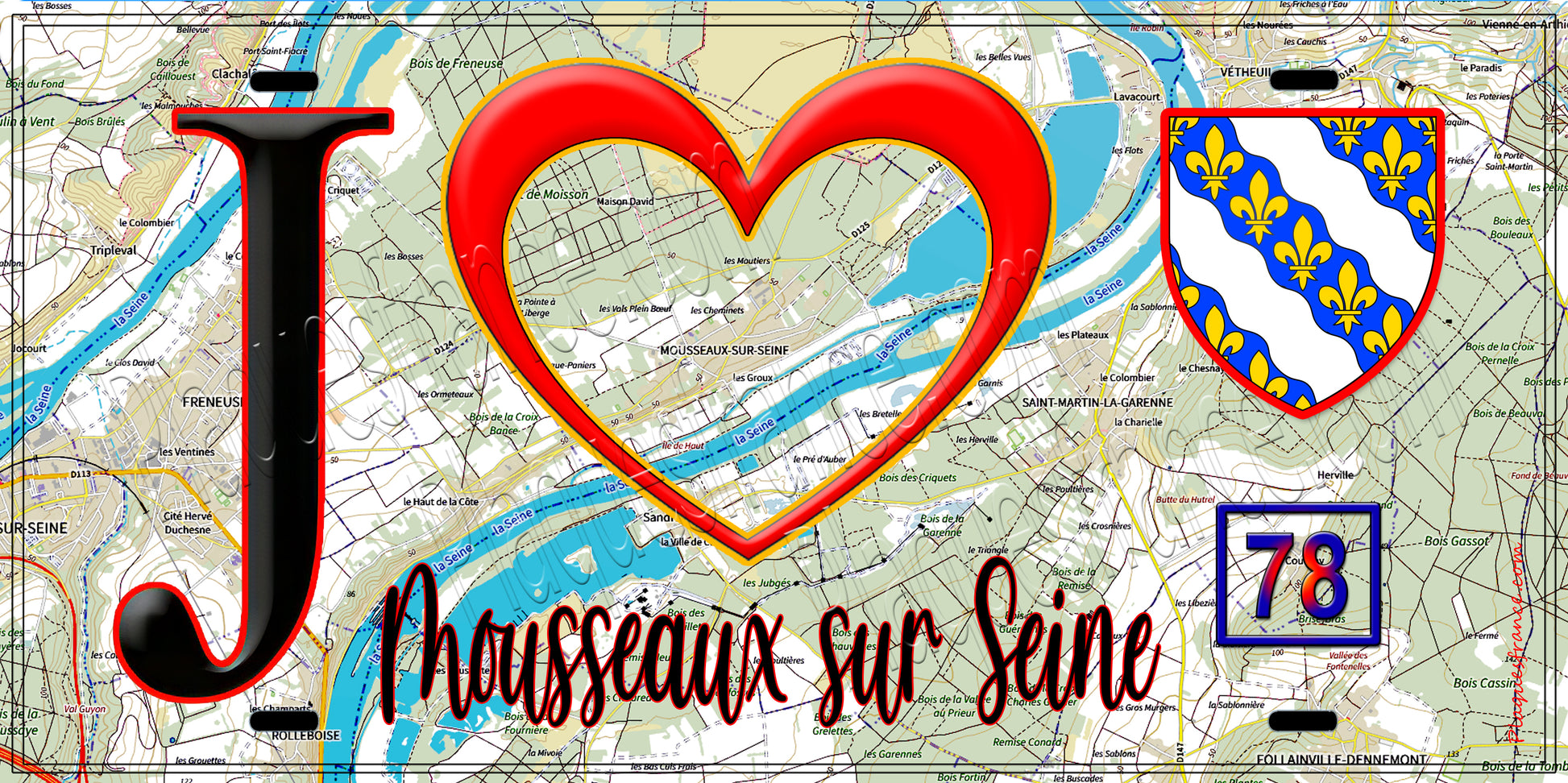 Plaque métal décorative  J' ❤️ Mousseaux-sur-Seine, Yvelines (78) fond carte
