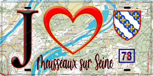 Plaque métal décorative  J' ❤️ Mousseaux-sur-Seine, Yvelines (78) fond carte