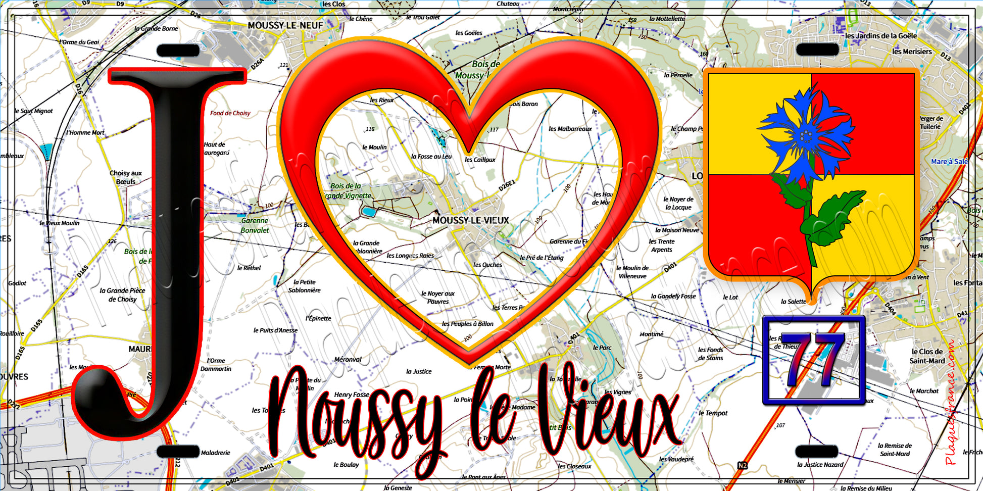 Plaque métal décorative  J' ❤️Moussy-le-Vieux, Seine et Marne (77) fond carte