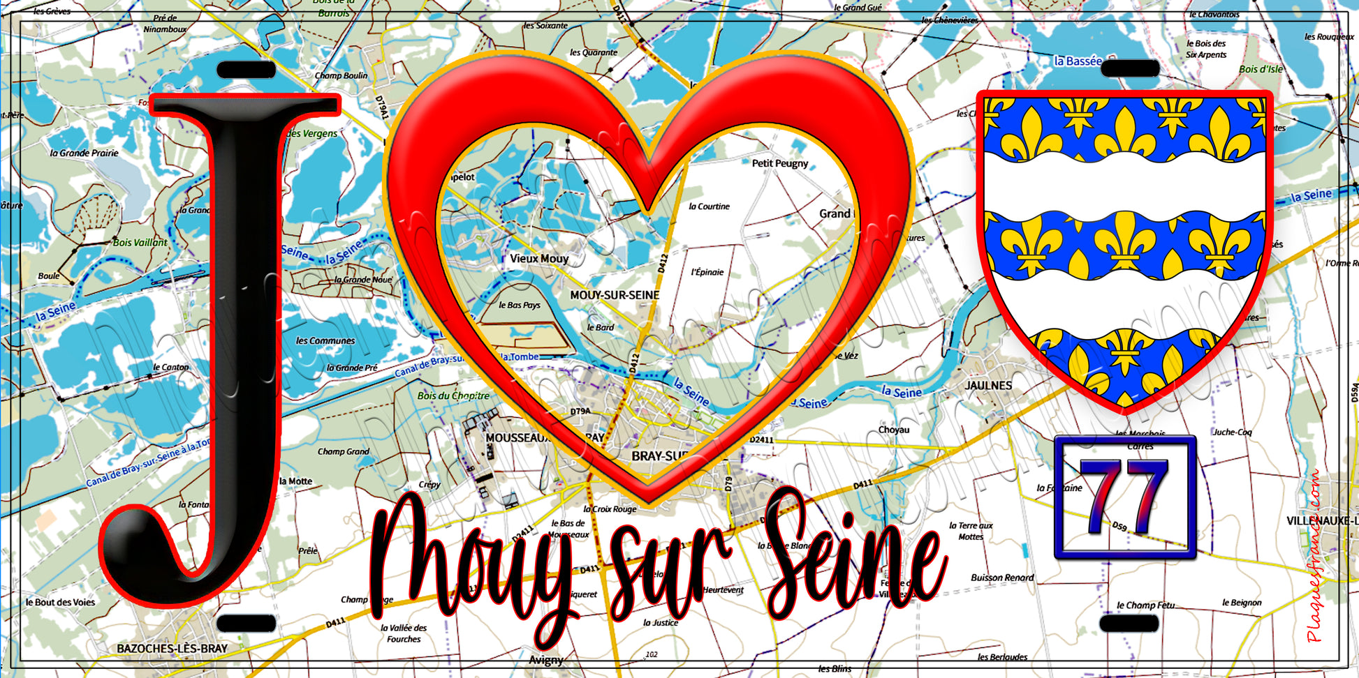 Plaque métal décorative  J' ❤️Mouy-sur-Seine, Seine et Marne (77) fond carte